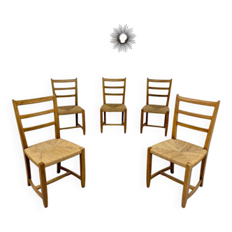 Set of 5 wooden chairs with rope seats, Scandinavian design, 1970s