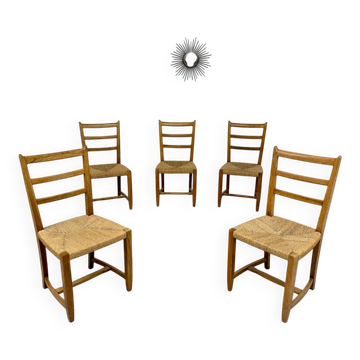Lot de 5 chaises en bois et assises corde design scandinave années 70 