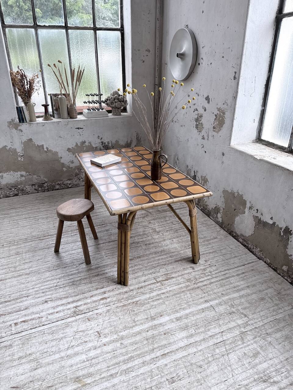 1950s rattan table with ceramic top