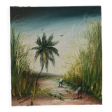 Painting oil on canvas the sugar cane cup in martinique signed william 1980, antilles hst