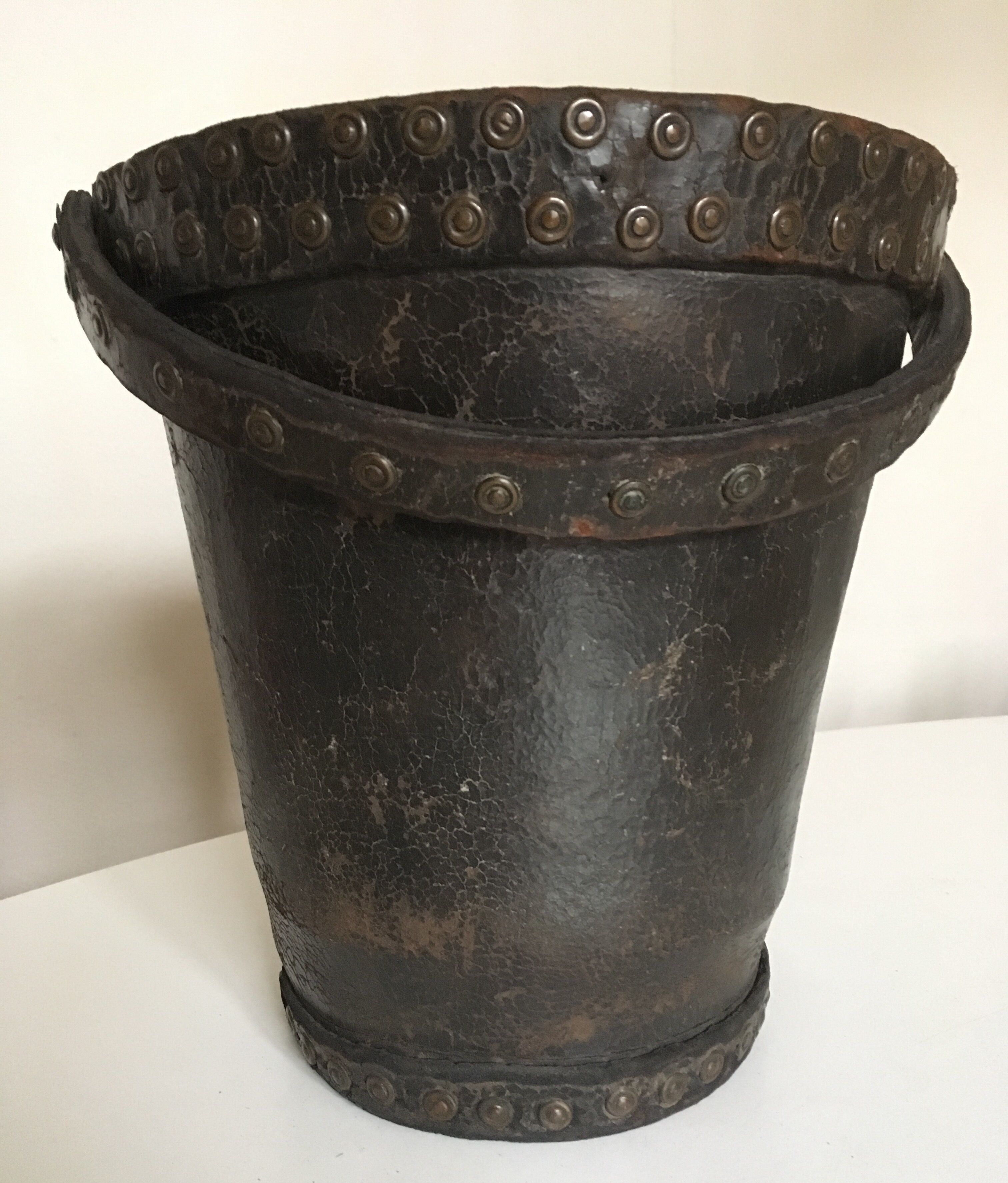 Brutalist studded leather wastepaper basket bucket 1920