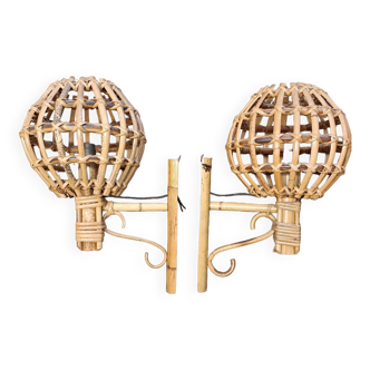 Pair of Louis Sognot rattan and bamboo wall lights