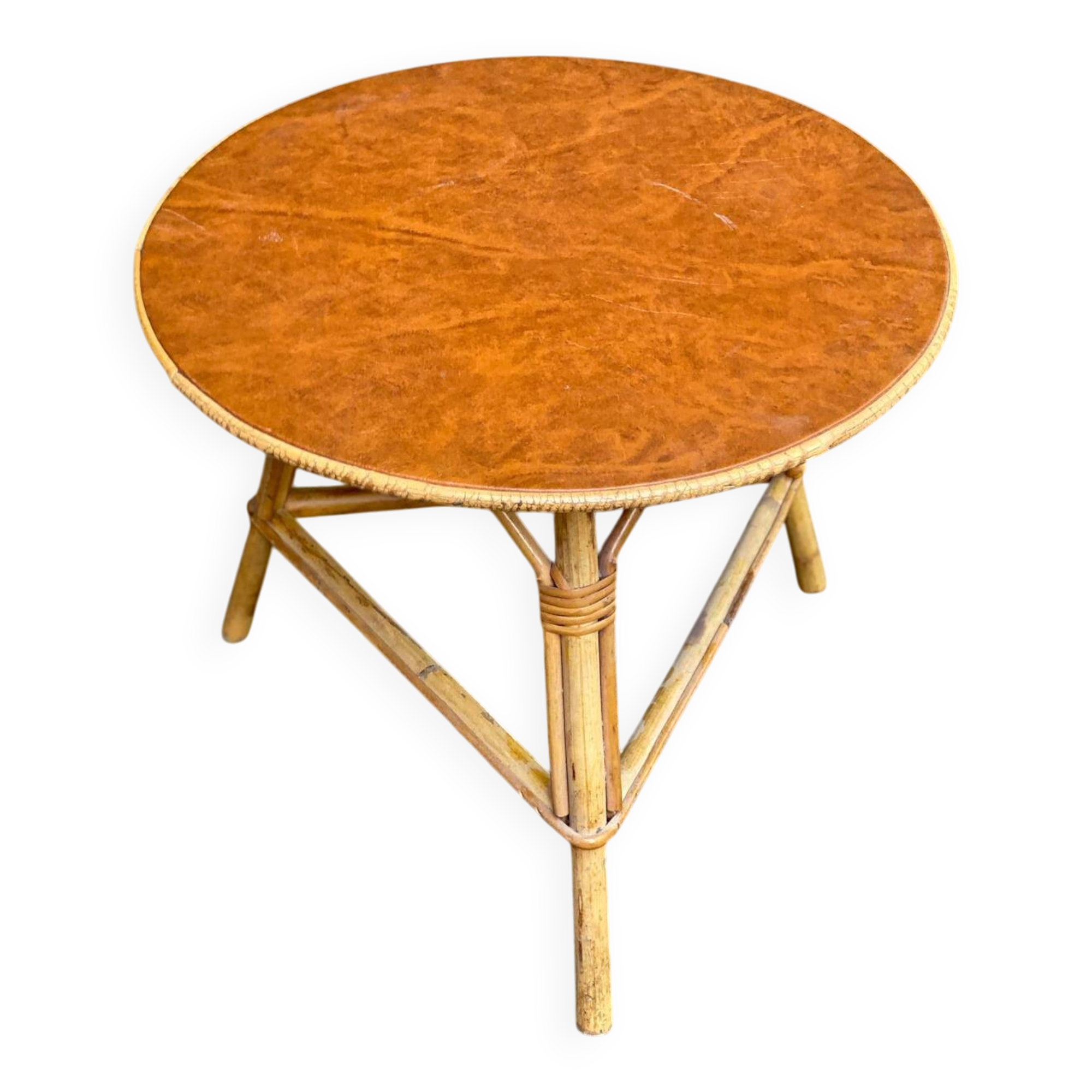 Table basse vintage ronde cuir rotin et bambou