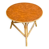 Table basse vintage ronde cuir rotin et bambou
