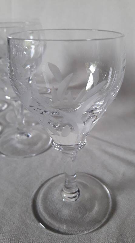 5 small engraved crystal stemmed glasses