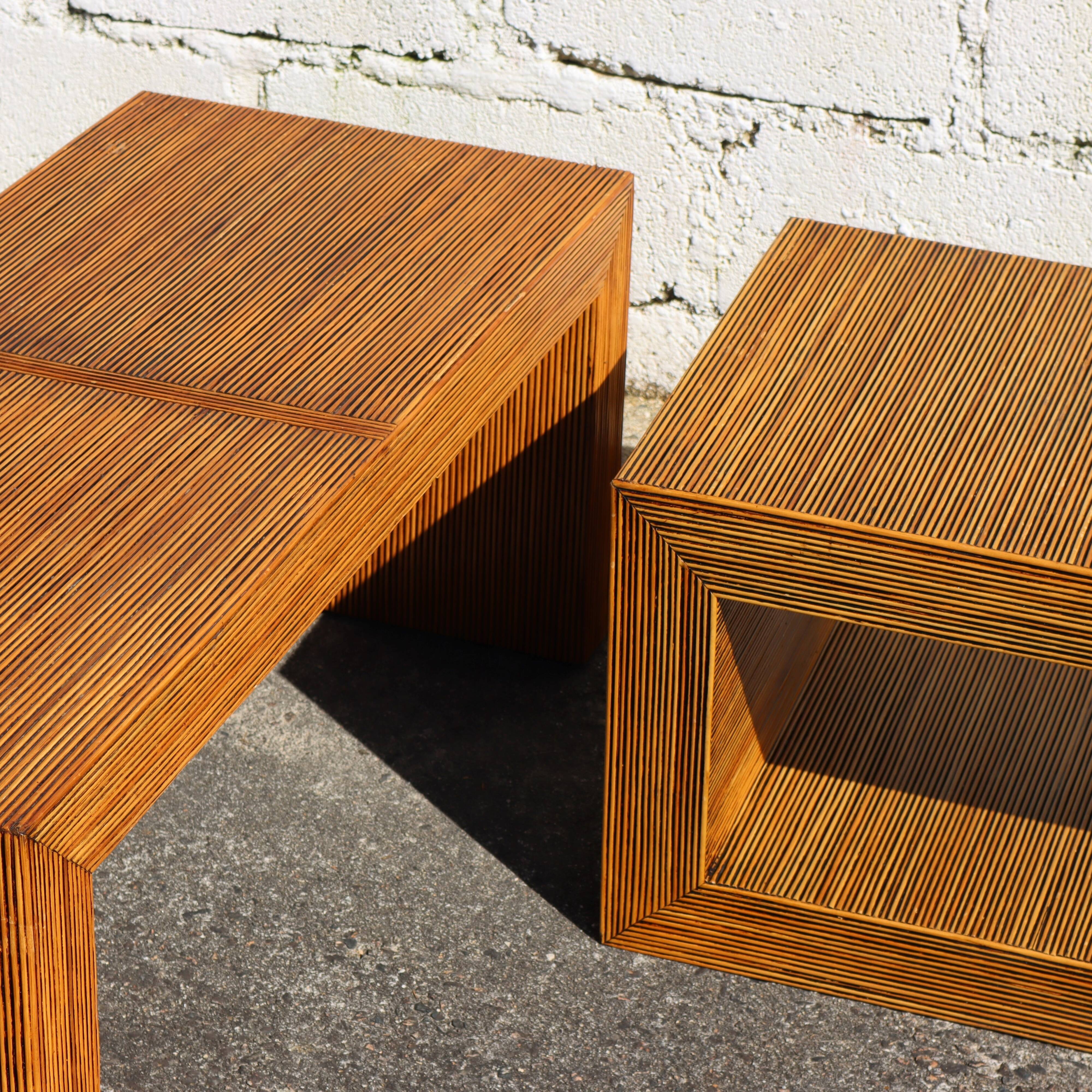 Set French Vintage Rattan Coffee Tables-2 Cuboid Deck Tables-80s