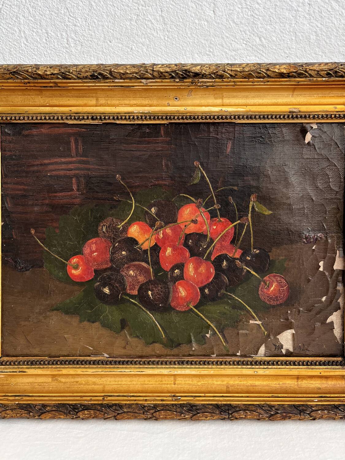Huile sur toile nature morte aux cerises 19eme