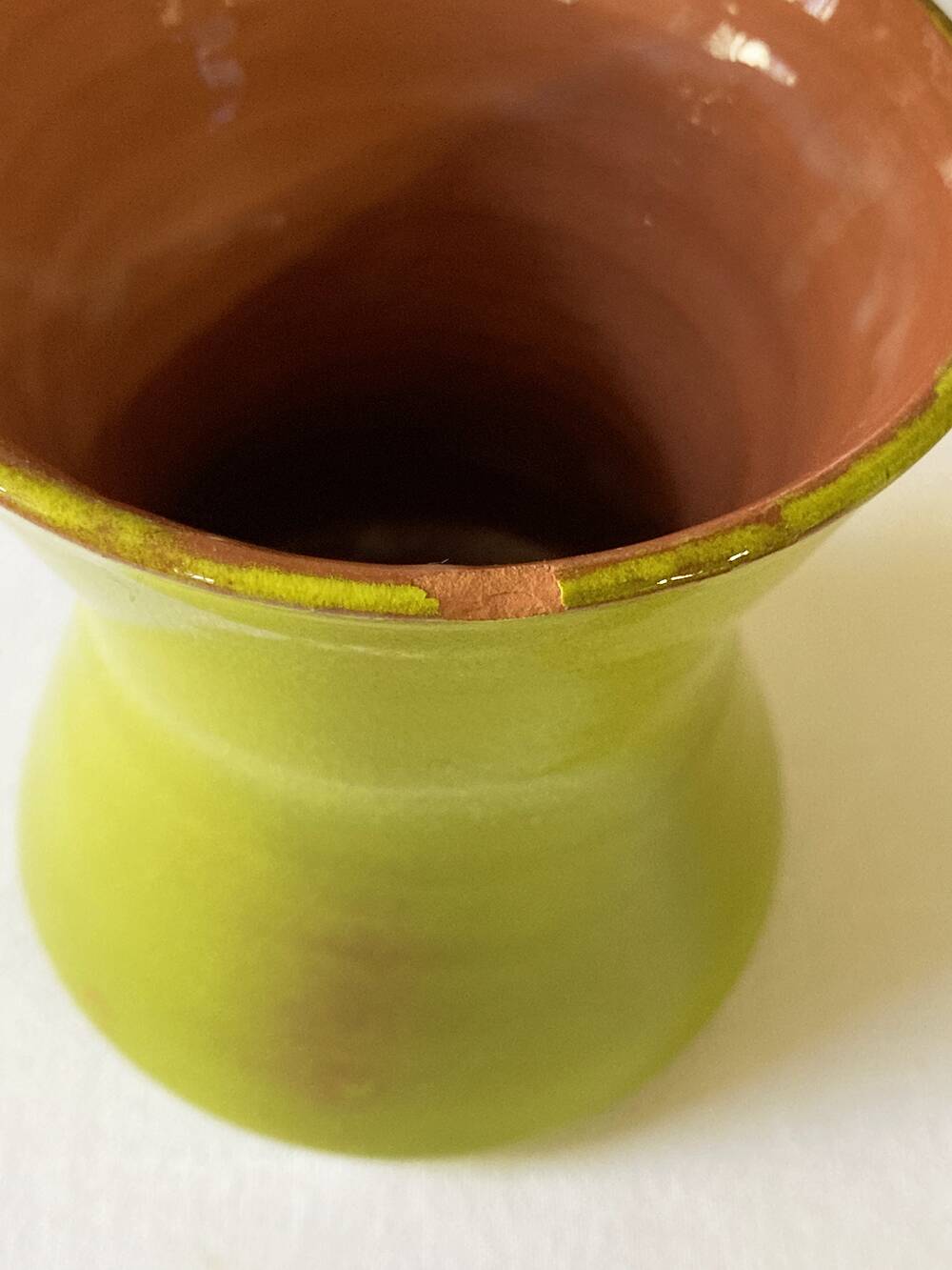 3 large green and yellow enameled ceramic cups, signed