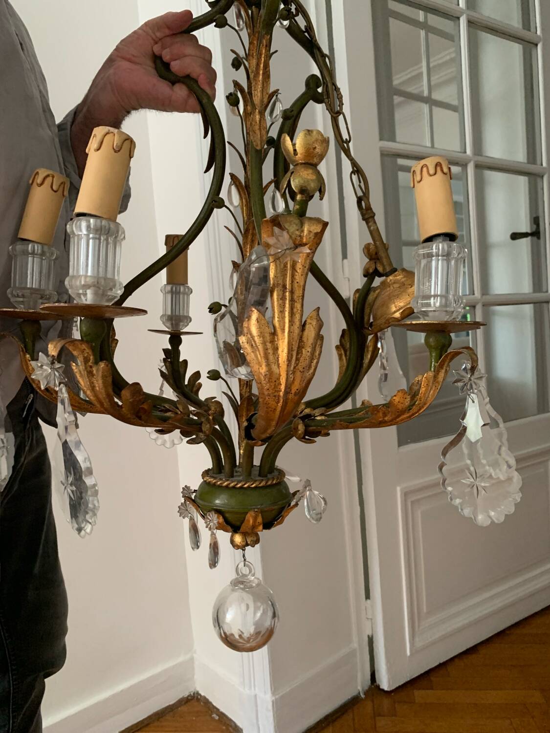 Gold and green crystal chandelier