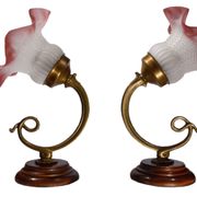 Set of 2 tulip-shaped wall lights in glass, wood, and bronze, art deco style.