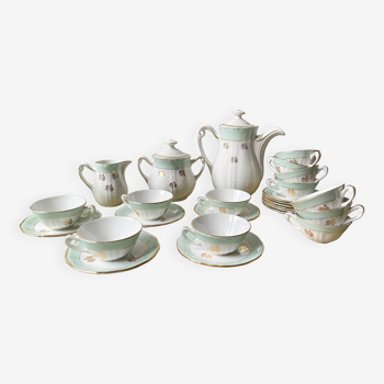 Vintage tea/coffee service in white green gold porcelain L'Amandinoise