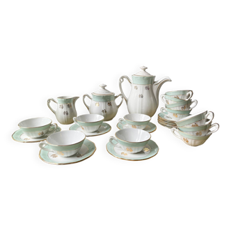 Vintage tea/coffee service in white green gold porcelain L'Amandinoise