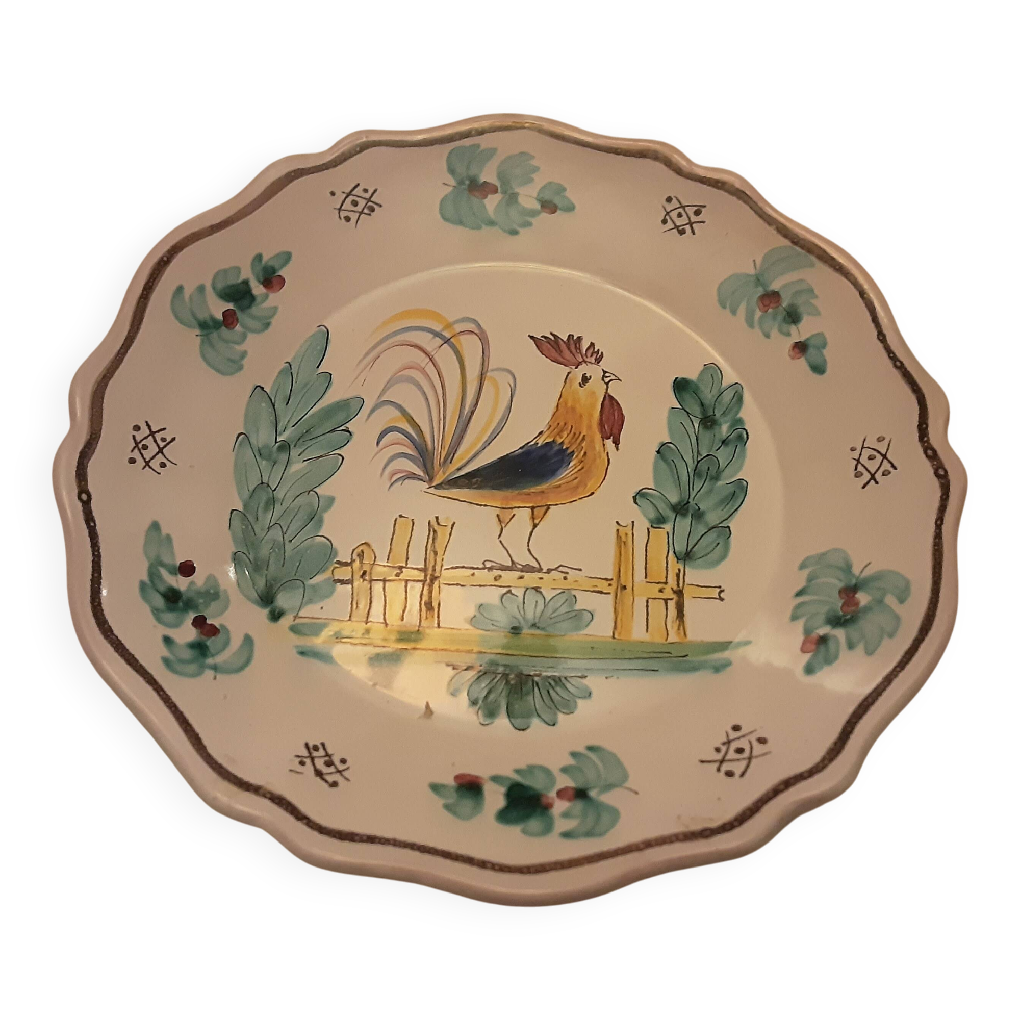 Antique faience plate with rooster pattern signed raynal duvernoy