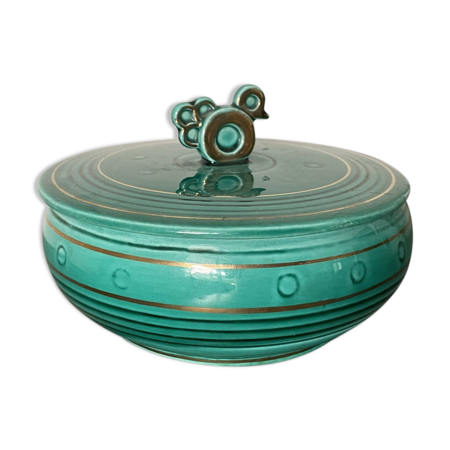 Green cermal pot decorated with bird