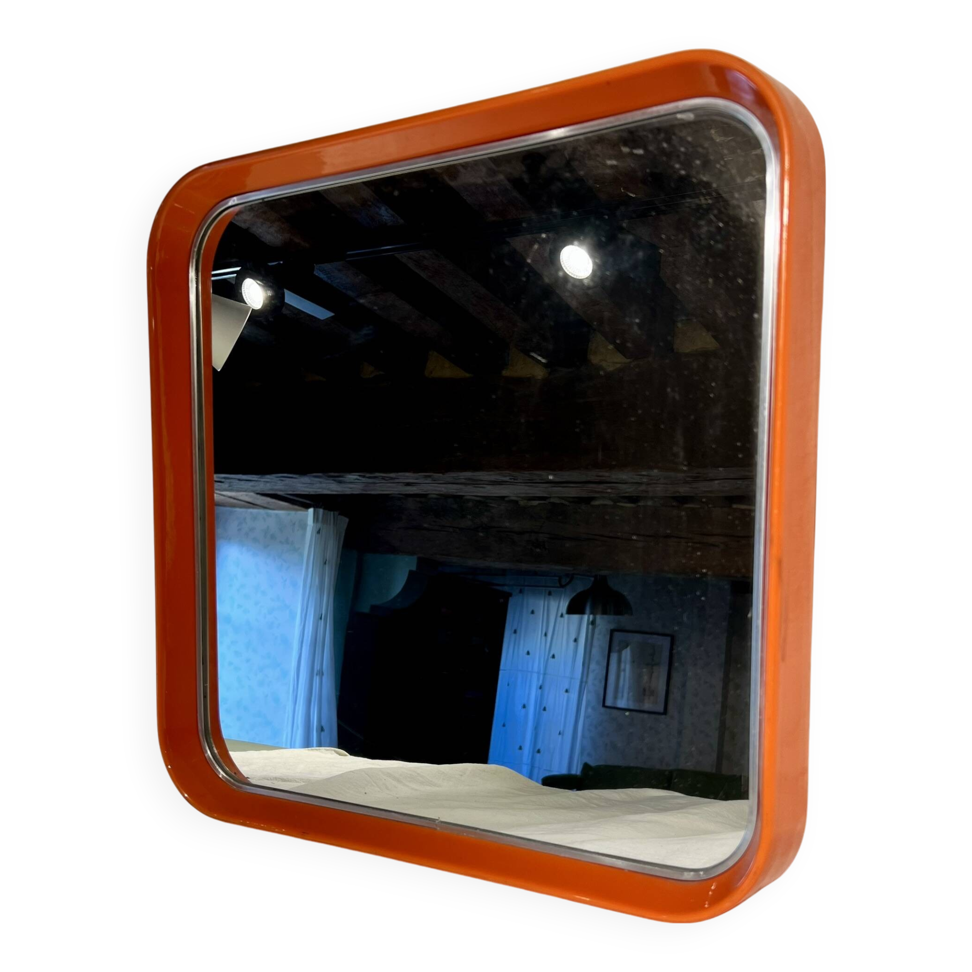 Square thermoformed mirror in orange plastic from SALC