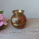 Old small brass and enamel vase with floral decoration, Small artisanal brass pot