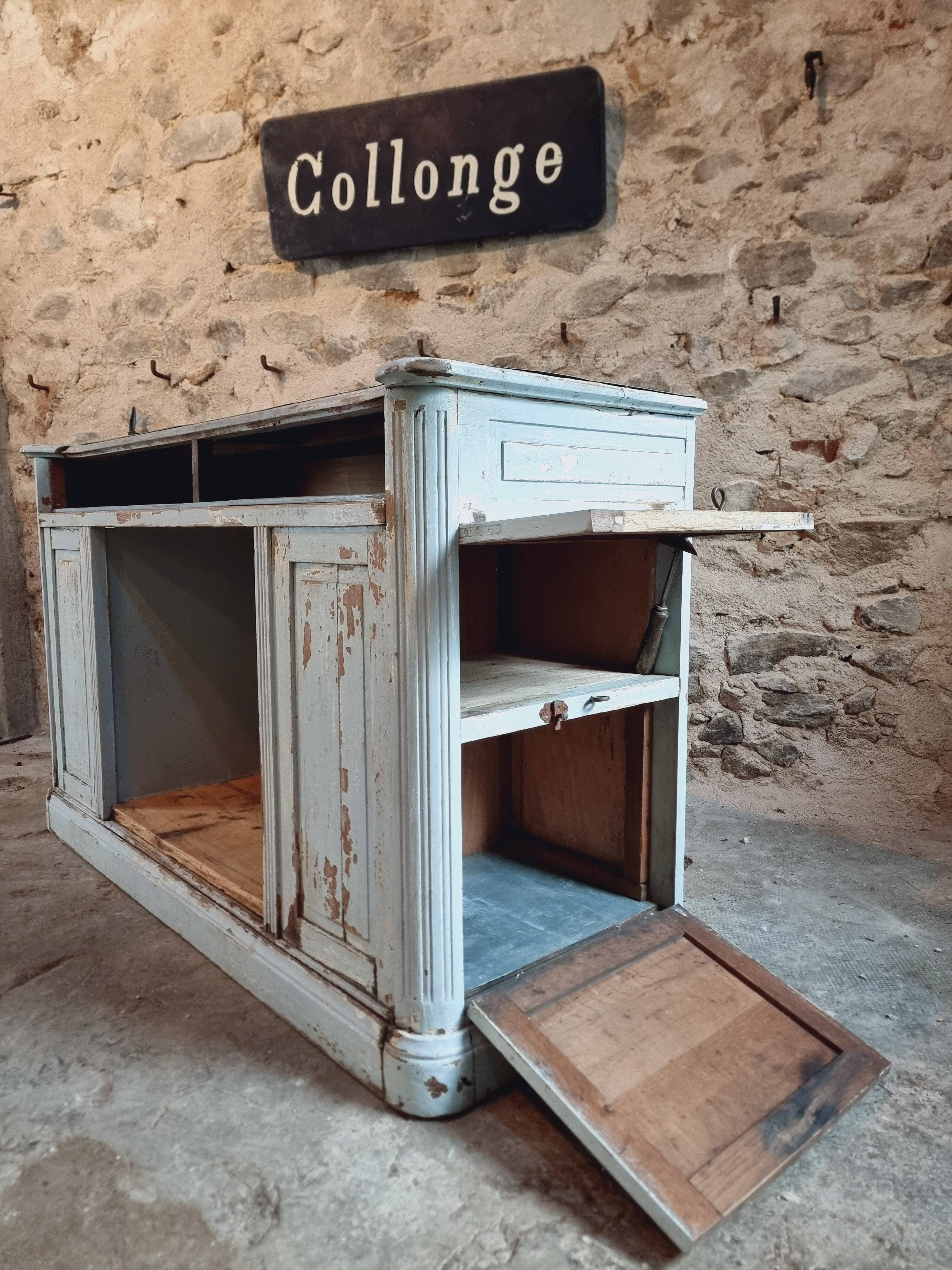 Comptoir ancien en chêne avec plateau en zinc et patine bleue