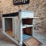 Antique oak counter with zinc top and blue patina