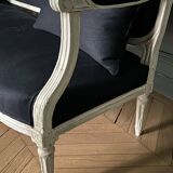 Louis XVI style bench with patina in navy fabric, 19th century