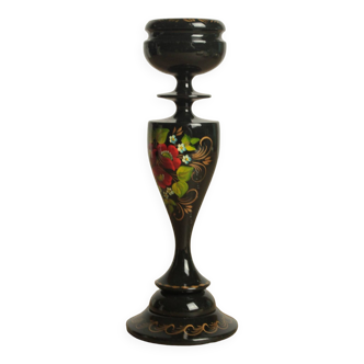 Vintage candle holder in black lacquered wood with red flower and green leaf pattern