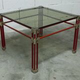 Postmodern Italian design coffee table in smoked glass with red steel structure