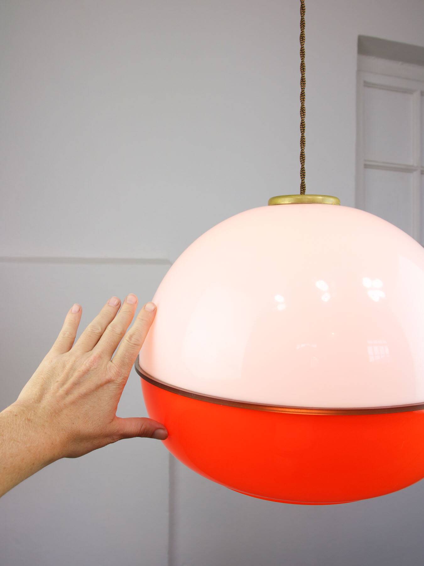 Space Age Italian Orange Plexiglass and Brass Pendant Lamp, 1970s