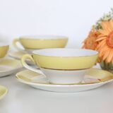 Set of 7 cups and under cups in ceramic Moulin des Loups, yellow, French manufacture,