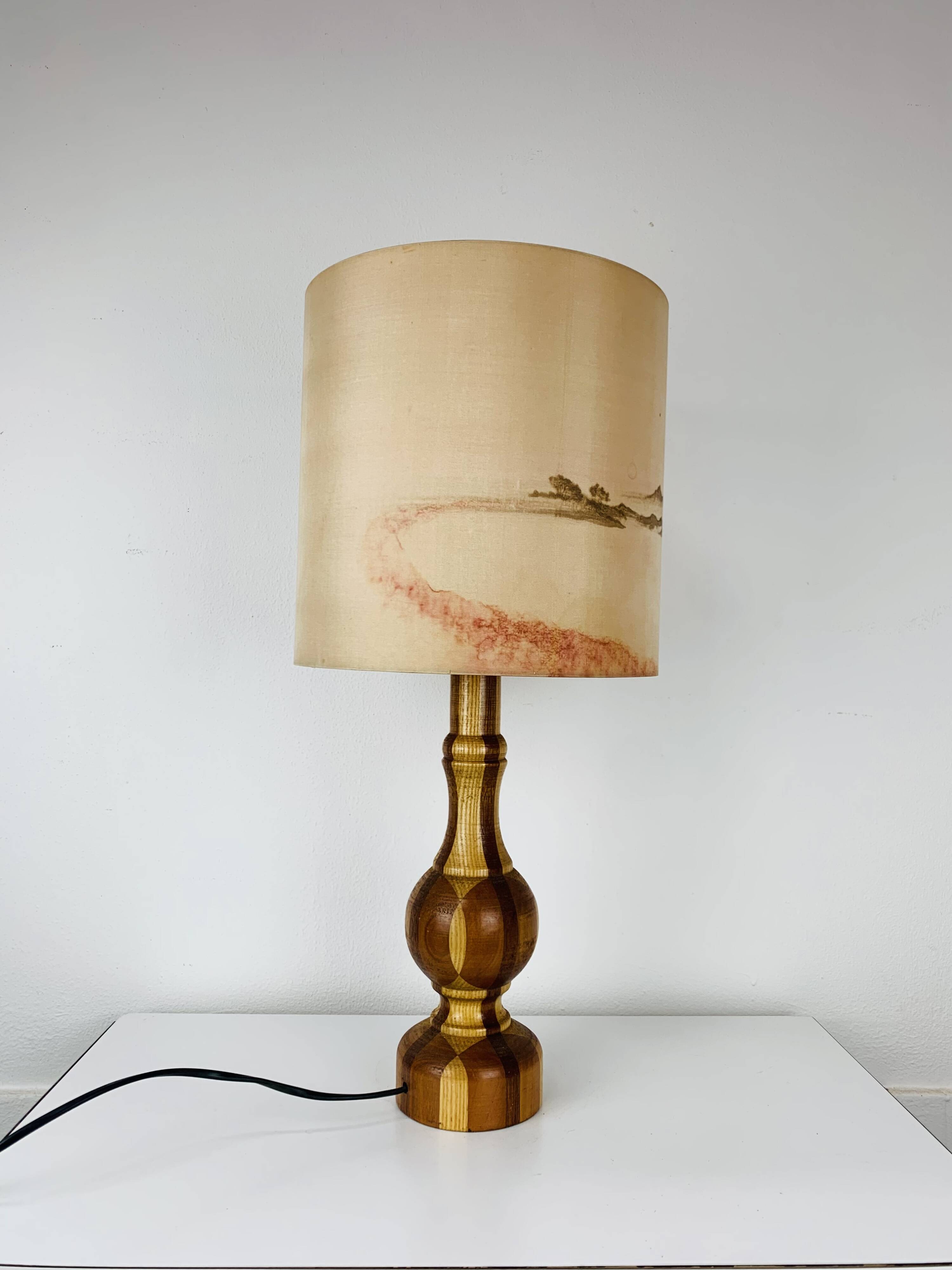 Vintage turned wood lamp, silk lampshade