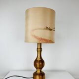 Vintage turned wood lamp, silk lampshade