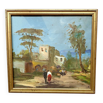 Gouache “Sicilian countryside” and glass frame from the early 20th century