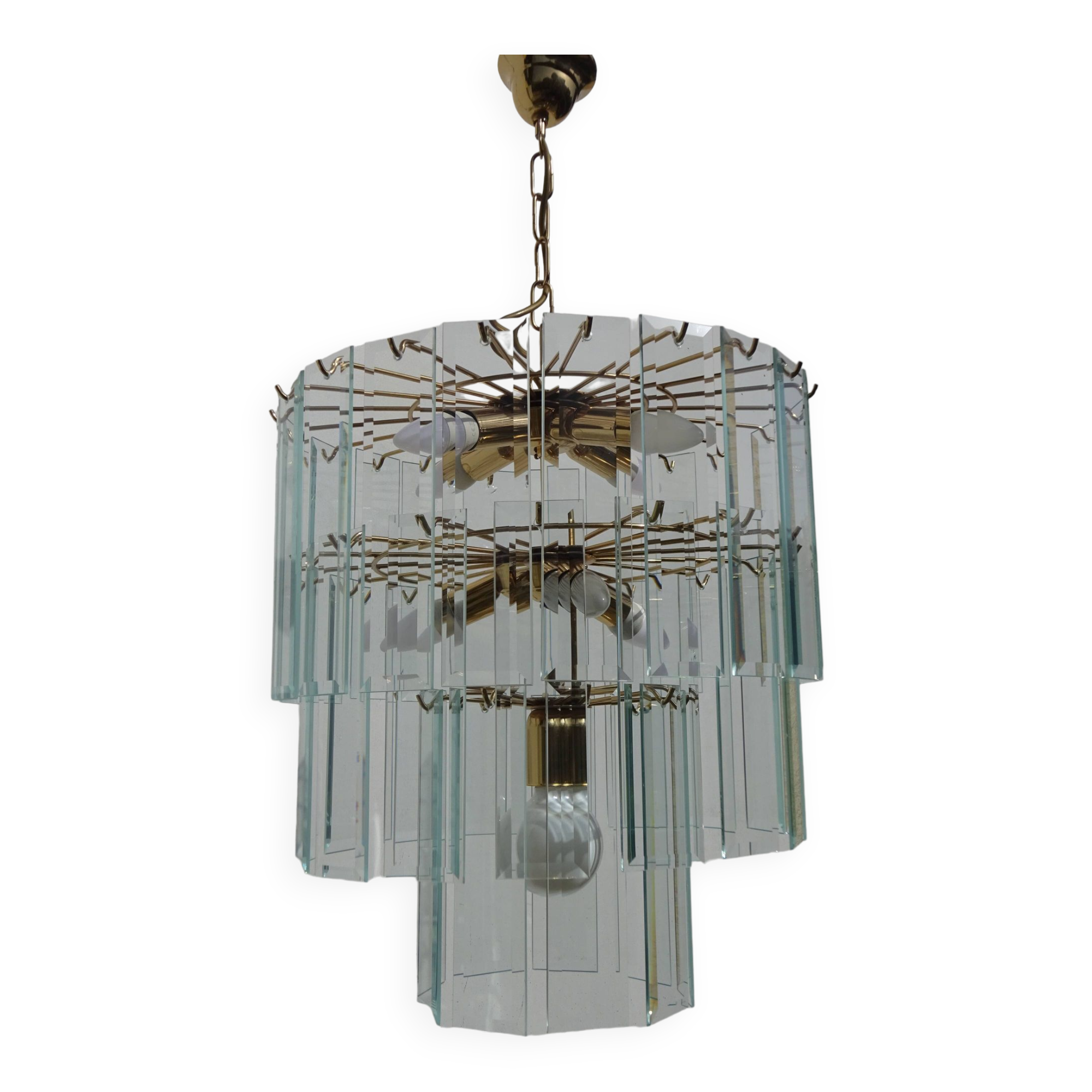 Lustre en laiton et verres biseautés, fabrication italienne