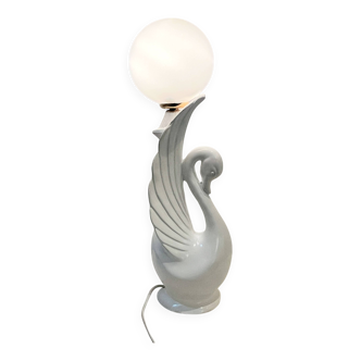 XXL White Opaline Swan Table Lamp Round Art Deco Style Vintage 70s