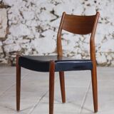 4 Scandinavian Fristho Franeker chairs in teak and faux leather, 1960.