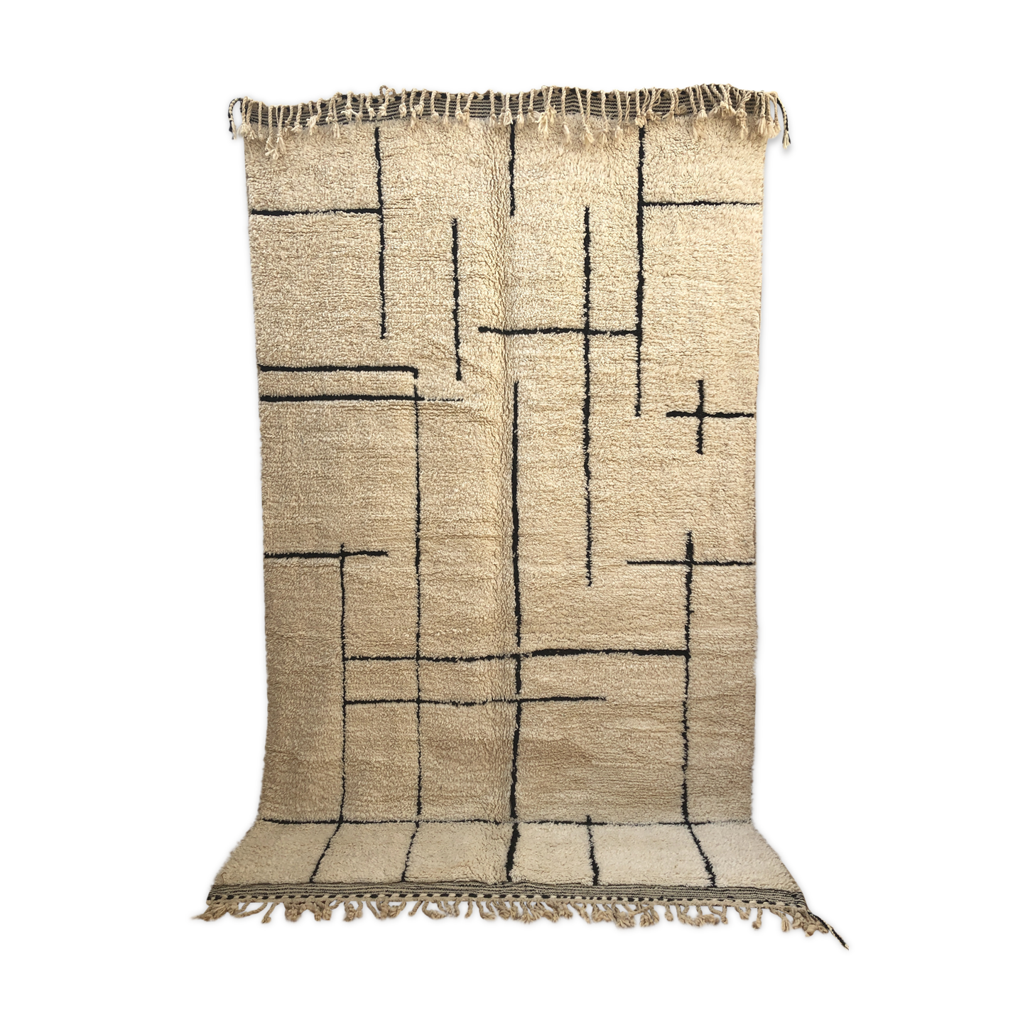 Moroccan Berber carpet Beni Ouarain Ecru with geometric black motifs 3, 04x1, 86m