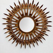 Vintage sun mirror in patinated gold metal – Spain 1950s / 60s