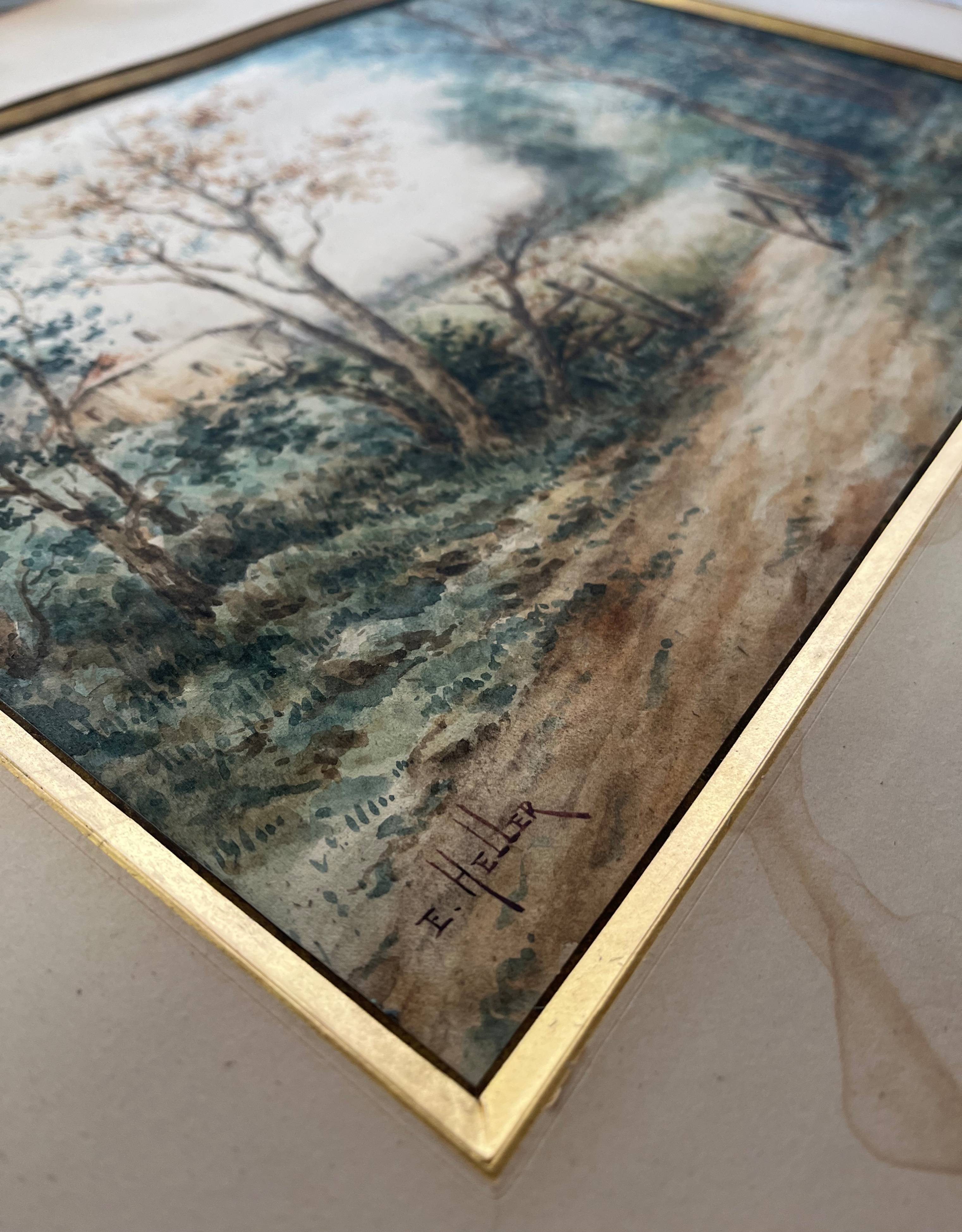 Watercolor painting by Eduard Heller (born in 1852) "Wooded Landscape in a Village"