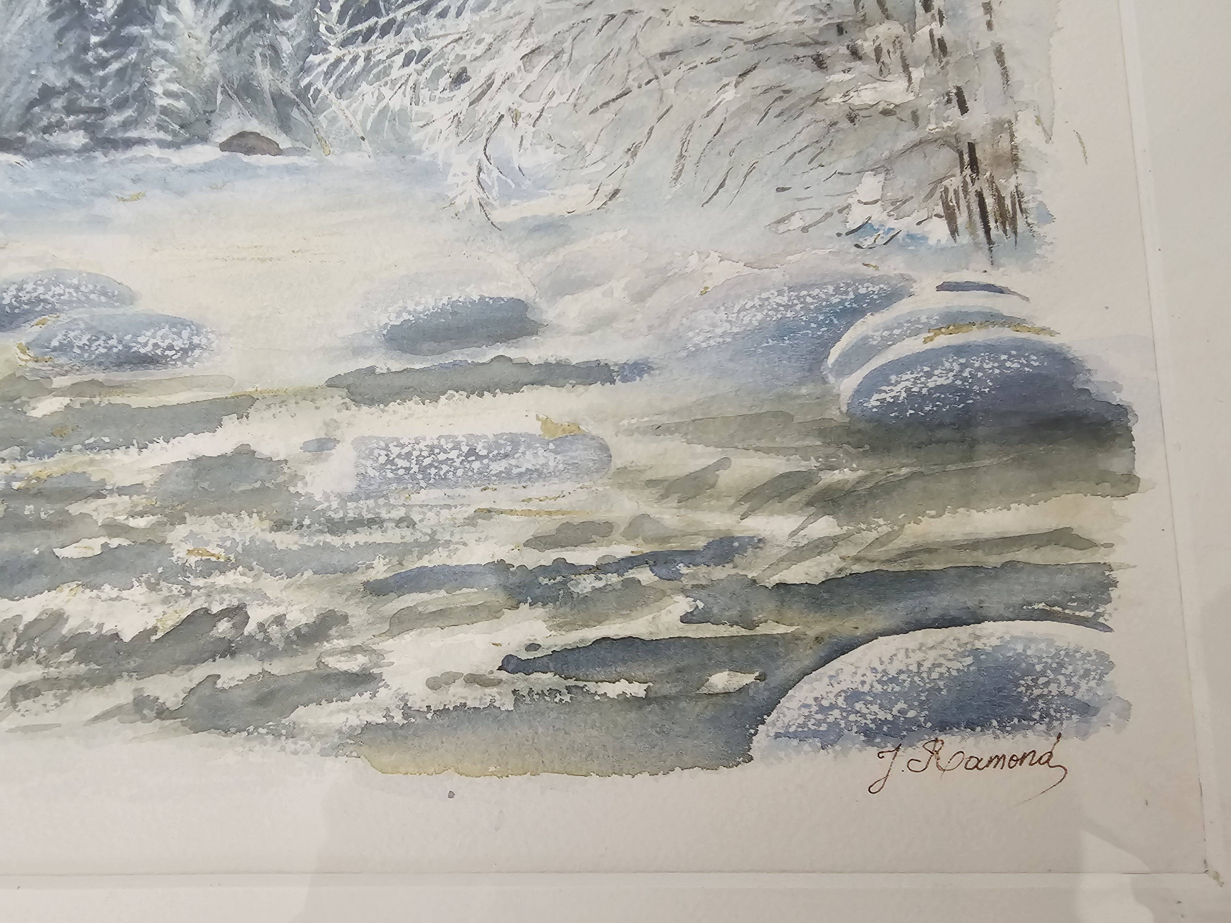 Tableau - Aquarelle paysage de neige Signée Janine Ramond