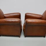 Pair of French Cognac Moustache Back Leather Club Chairs, 1940s