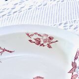 Large 19th century pink ironstone salad bowl with birds, dragonfly and butterflies, Badonviller