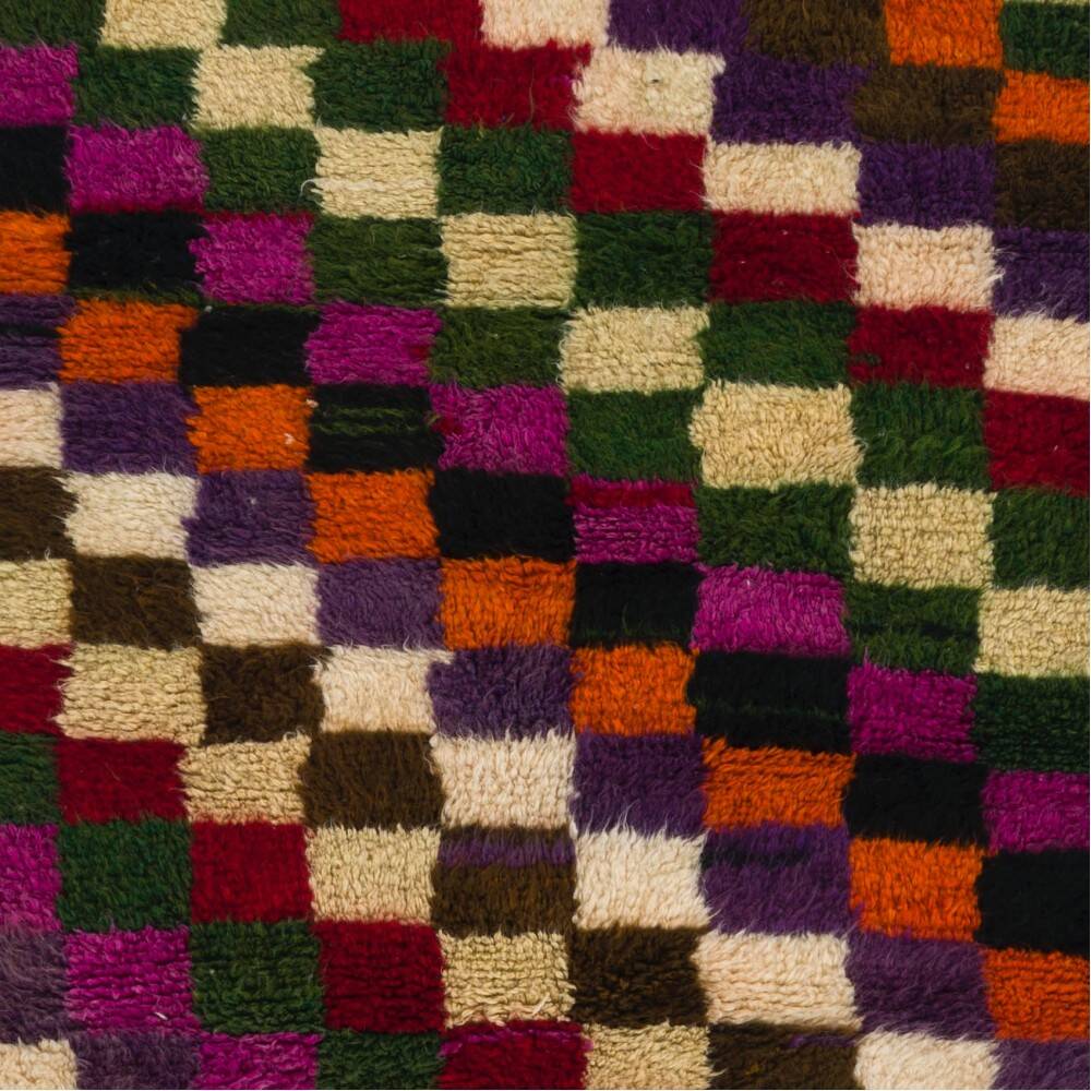 Colorful Vintage Hand-Knotted Turkish Tulu Rug with Checkered Design. 100% Wool