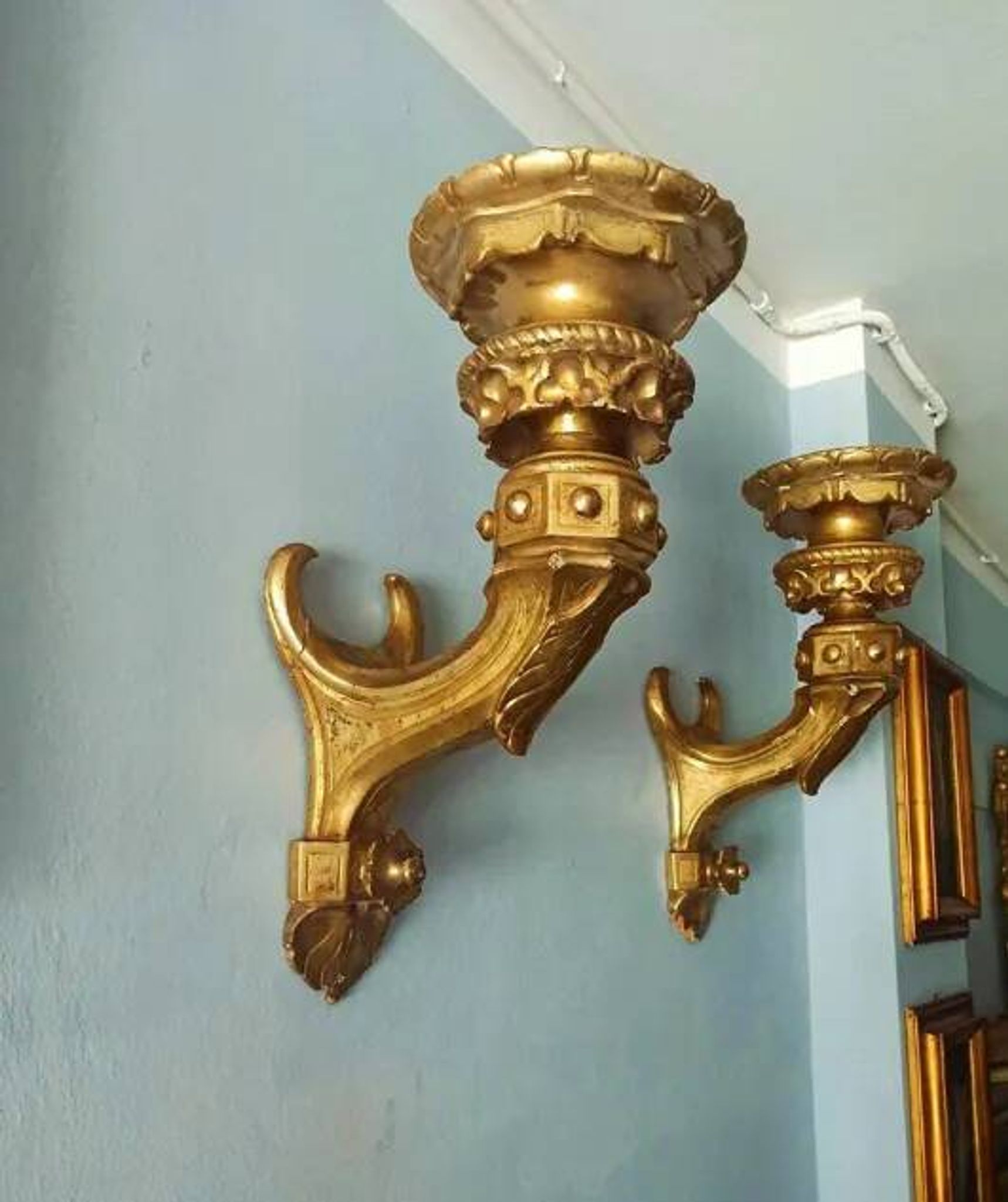 Pair of Gilded Wooden Wall Sconces, Mid-19th Century