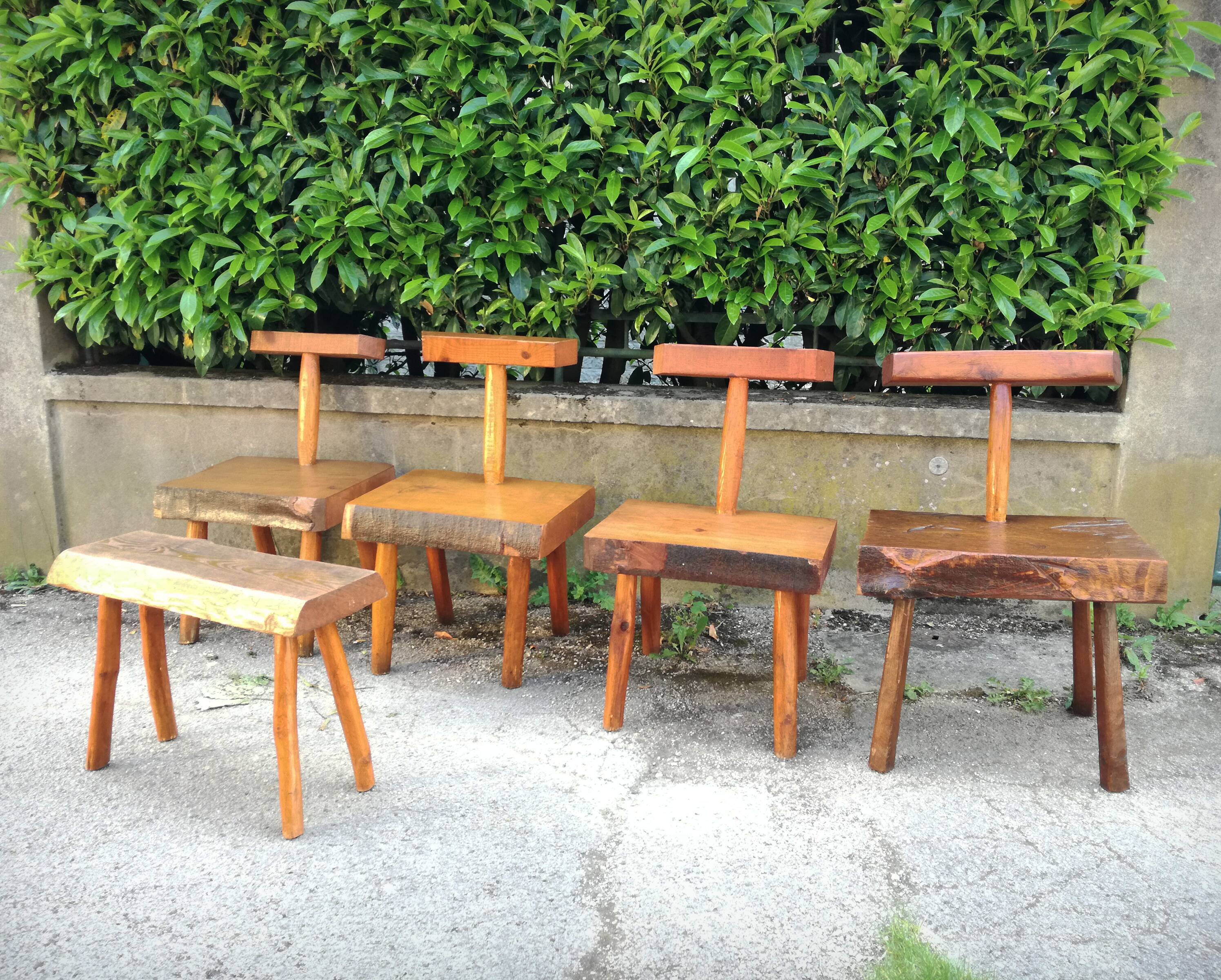 Brutalist handcrafted chairs, France, 1960s, set of 5