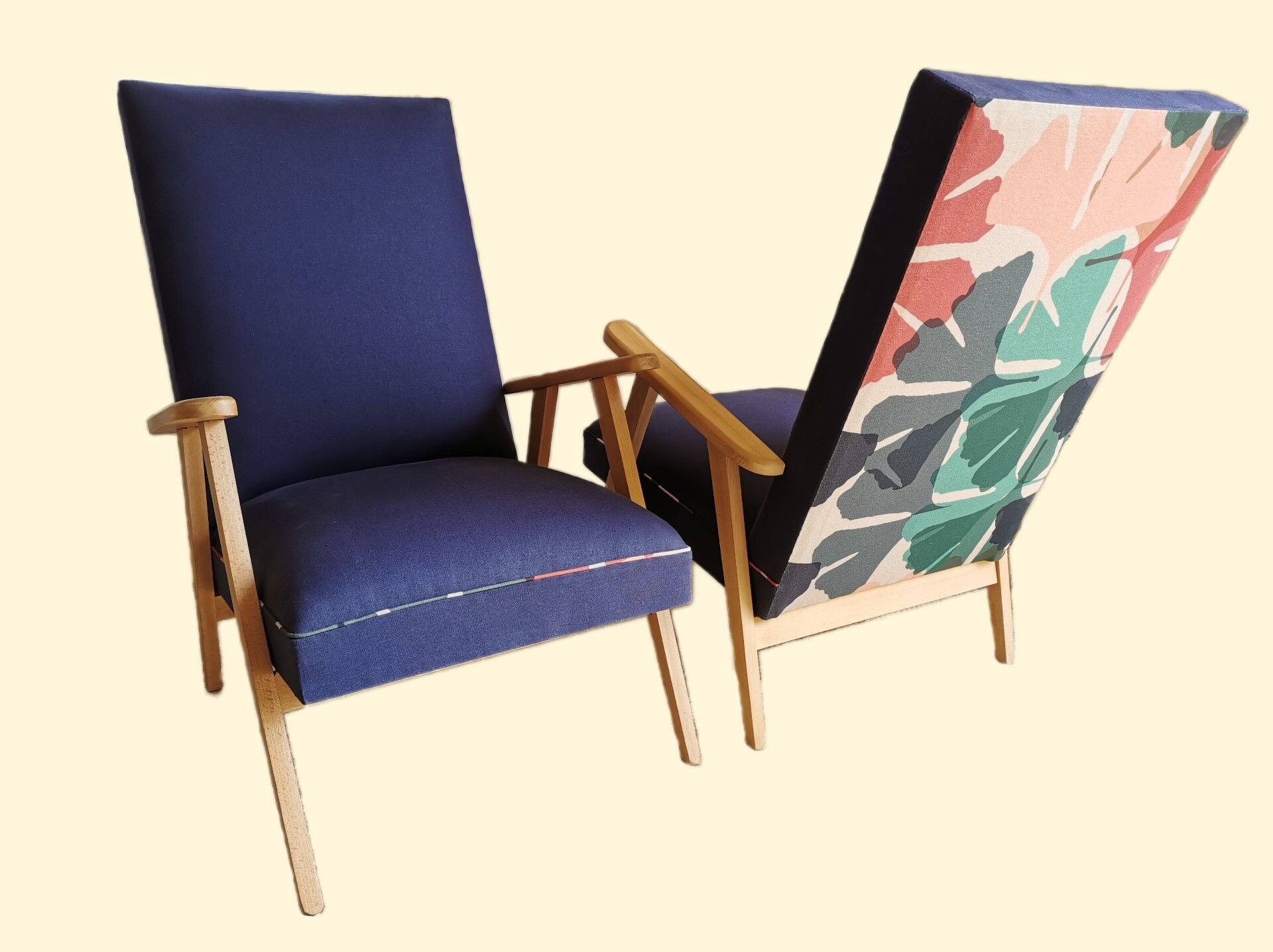 Pair of vintage armchairs renovated with natural materials