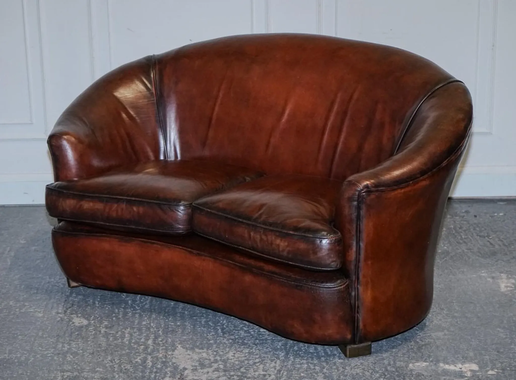 Art Deco Hand-Dyed Whisky Brown Sofa, Armchairs and Ottomans, 1920s, Set of 5