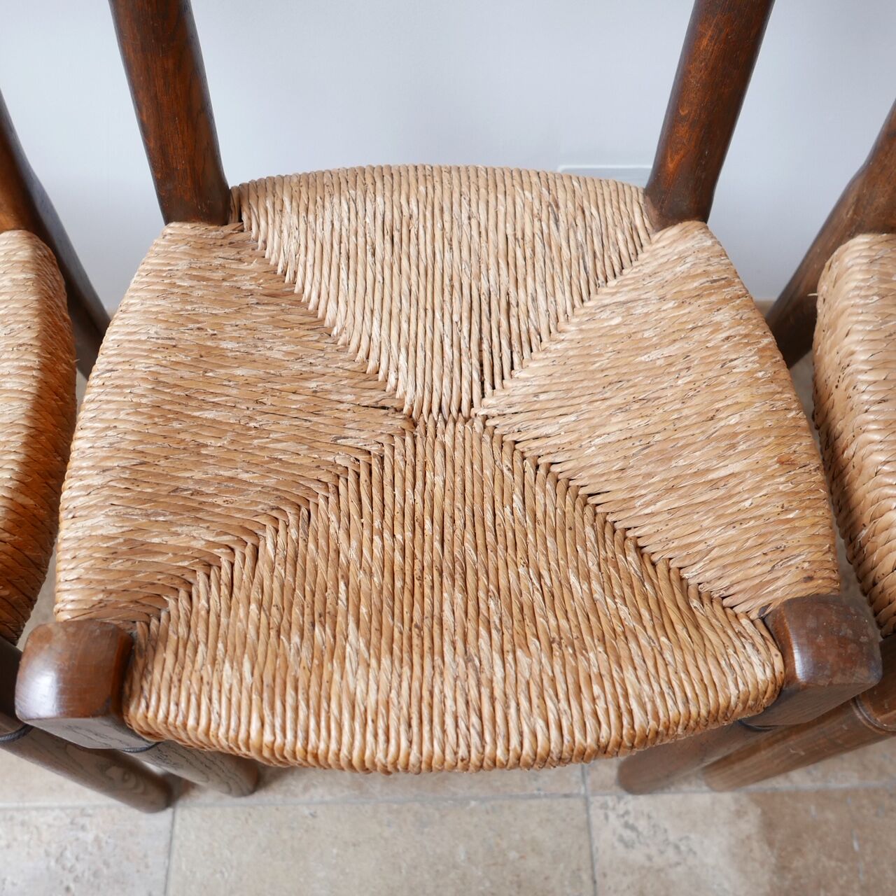 Set of 14 mid-century french rush farmhouse dining chairs