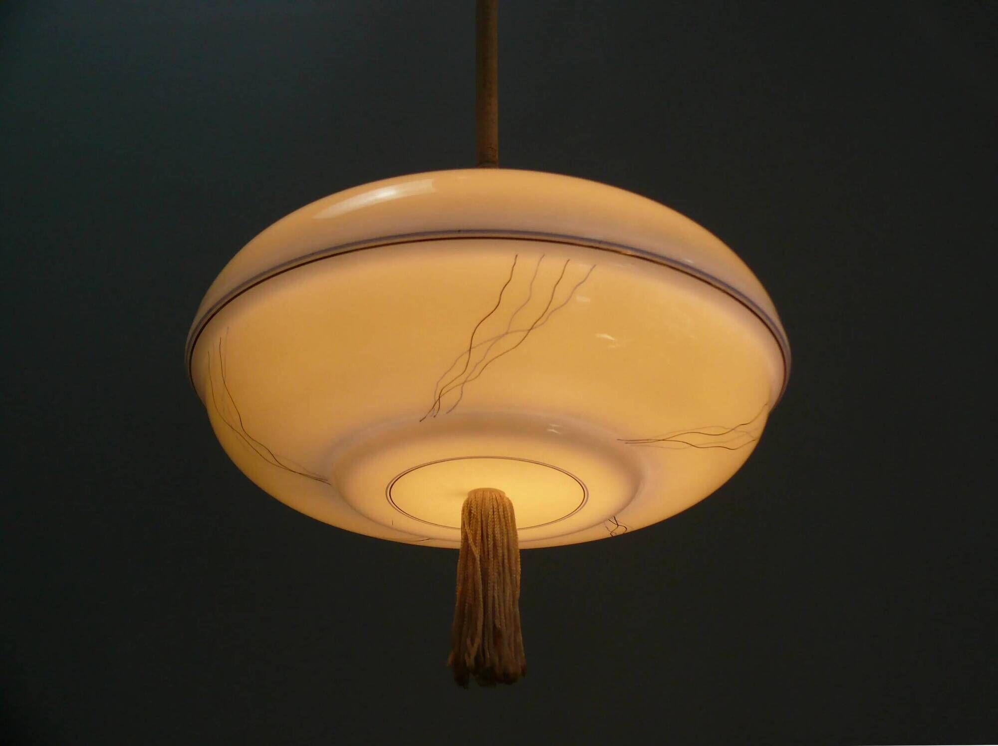 Art Deco rod pendant lamp with brass suspension and decorative glass shade
