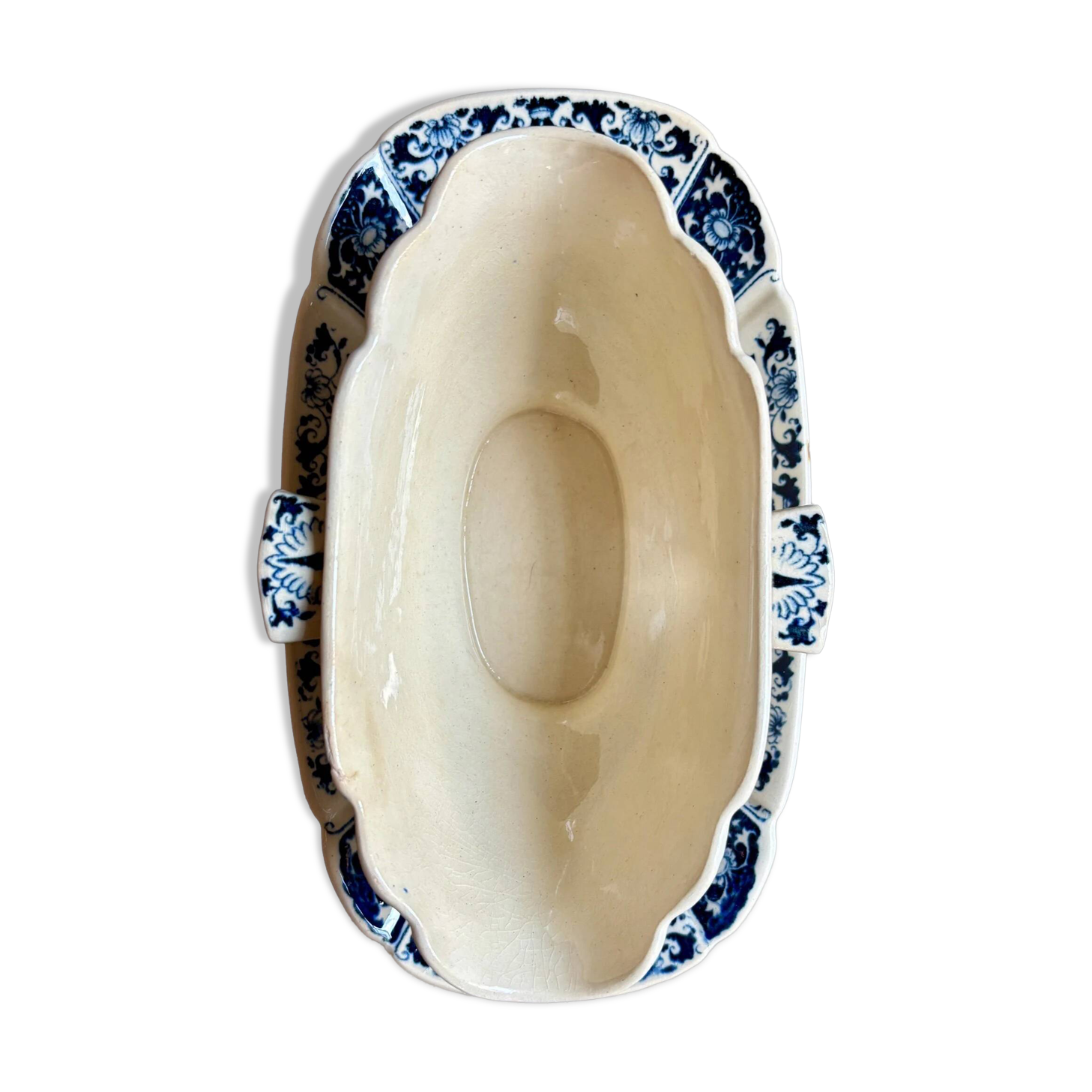 Blue ironstone sauce boat, "Blue Ibis" service no. 1.