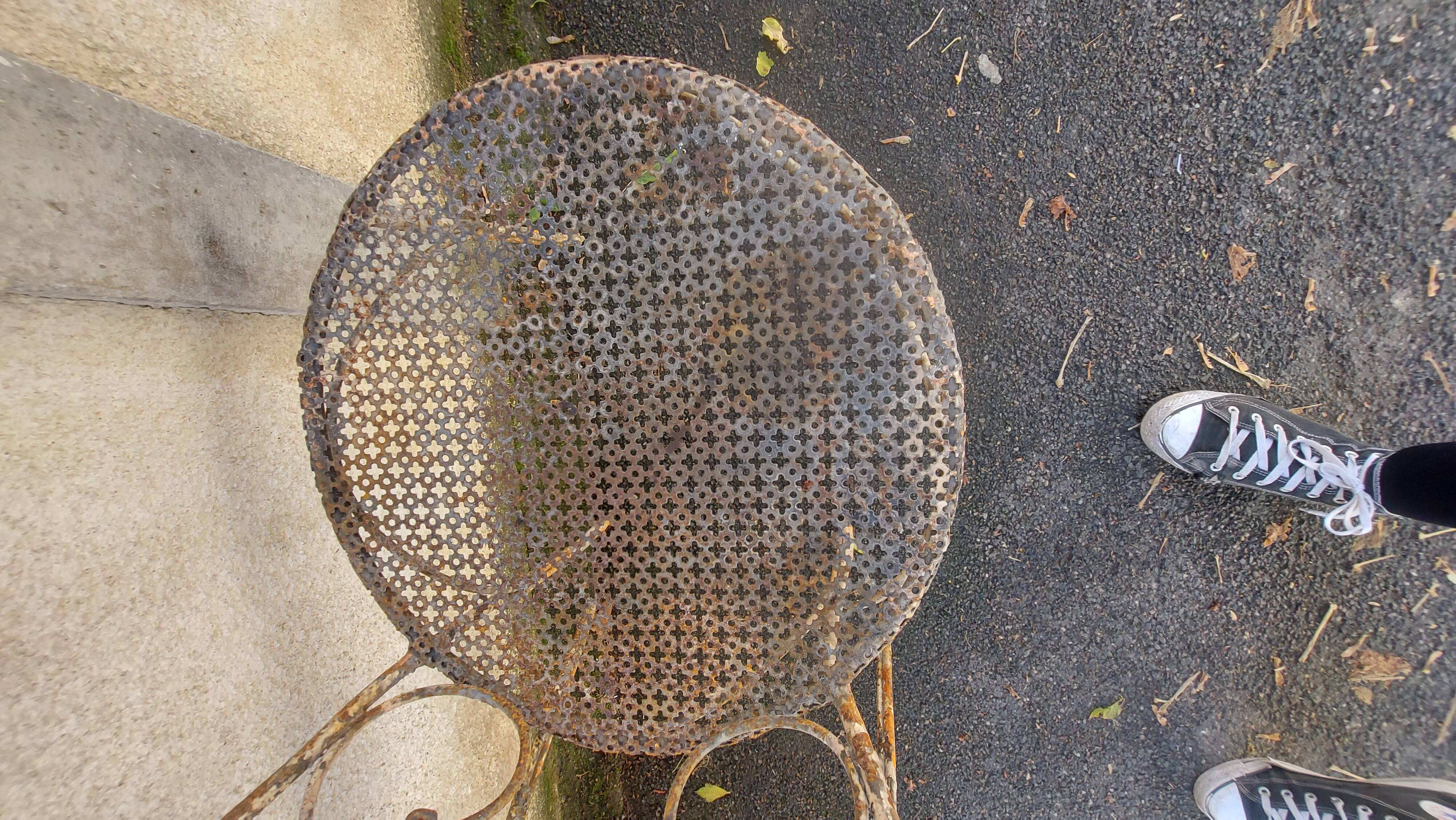 Set of 3 wrought iron garden chairs, rigitulle seat 1940/50
