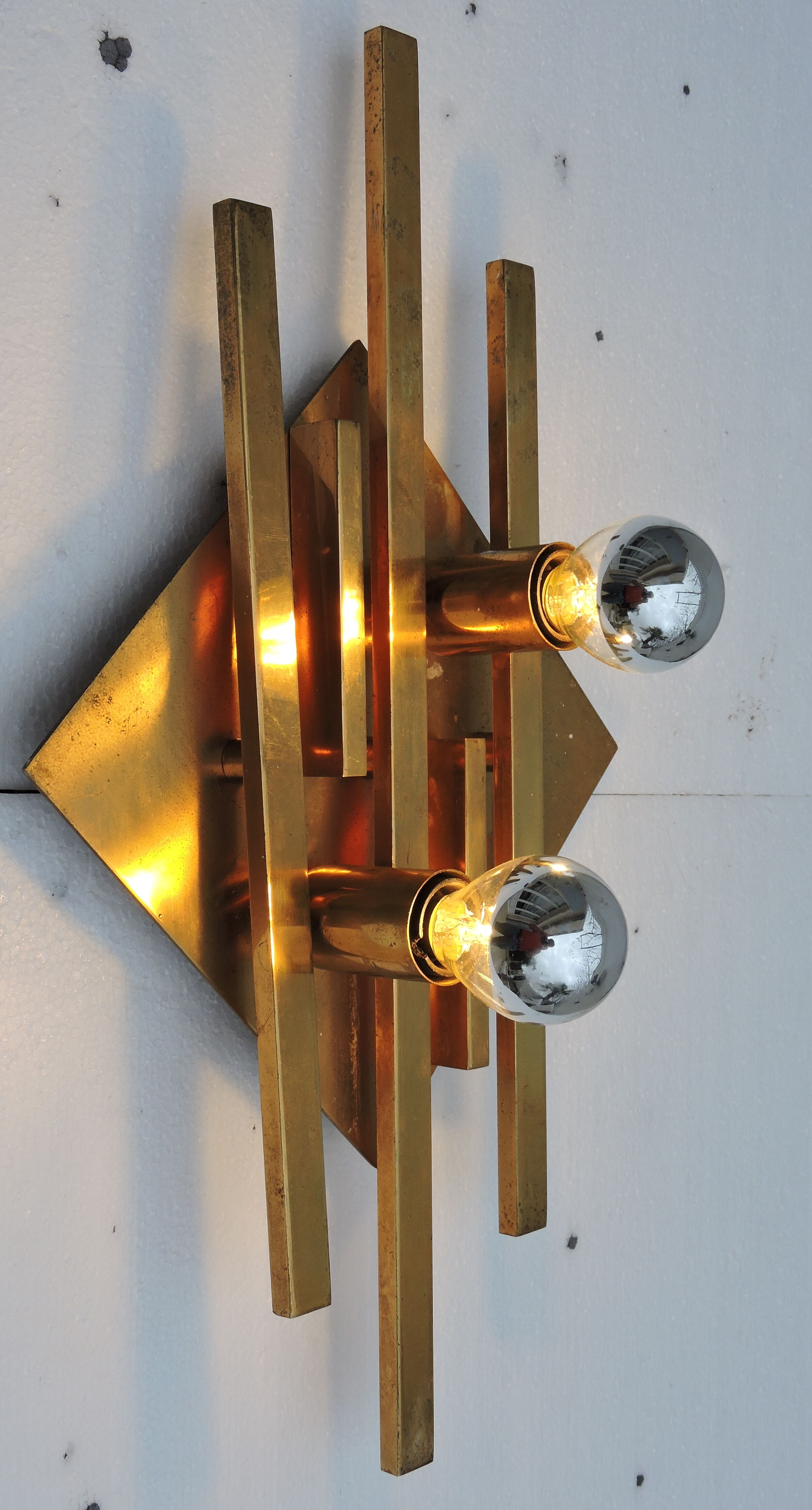 Pair of vintage geometric brass wall lamps