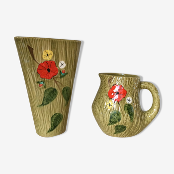 Vase et cruche décor de fleurs faïence Bresse années 60